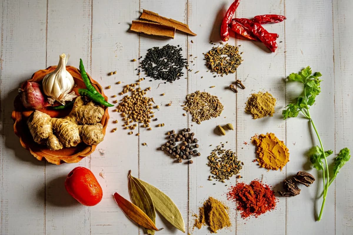 Indian spices laid out for the day's service